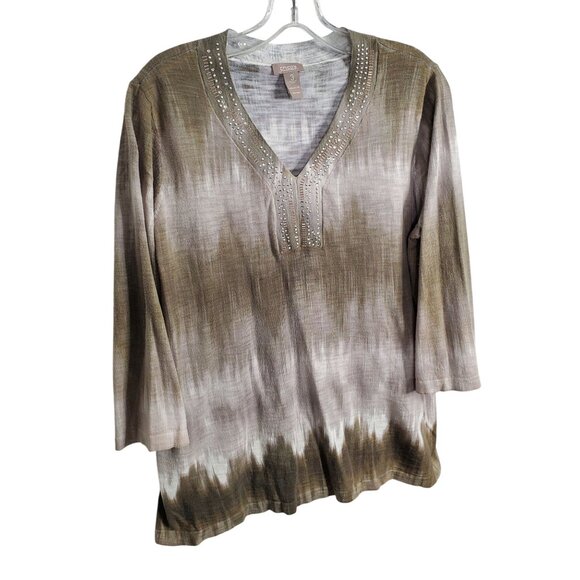 Chico's Tops - Chicos 3 Size XL Top Cotton Knit Lightweight Tie Dye Long Sleeve Studded Accents